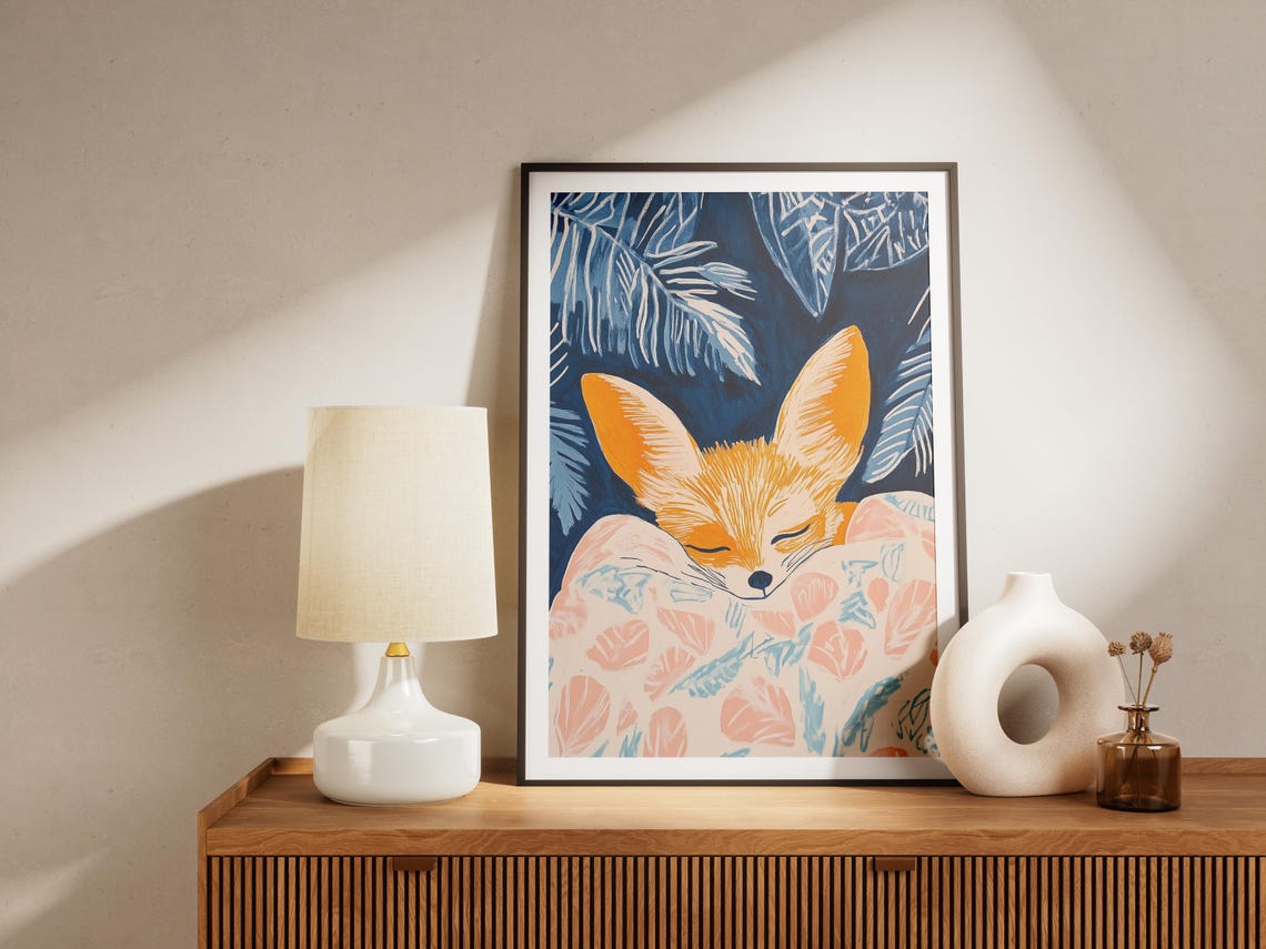 Fennec Fox Sleeping Under Leaf Blanket Blue Night Art Poster - Image 4