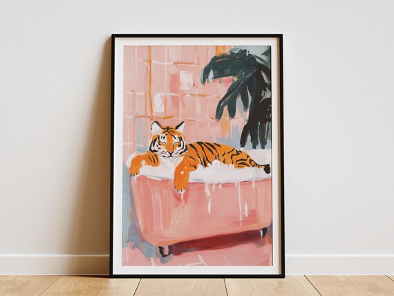 Tiger Lounging in a Pink Bubble Bath Funny Animal Art Poster