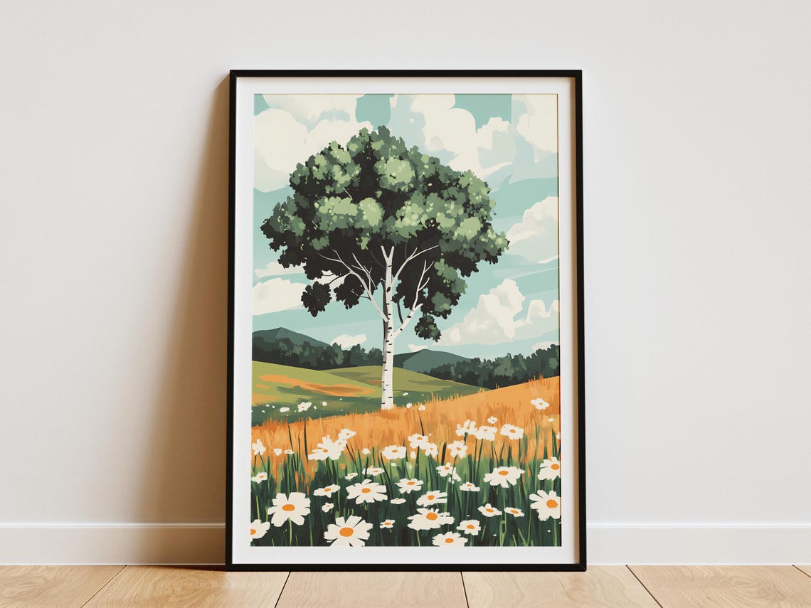 Green Birch Tree with Daisy Meadow Under a Cloudy Sky Poster