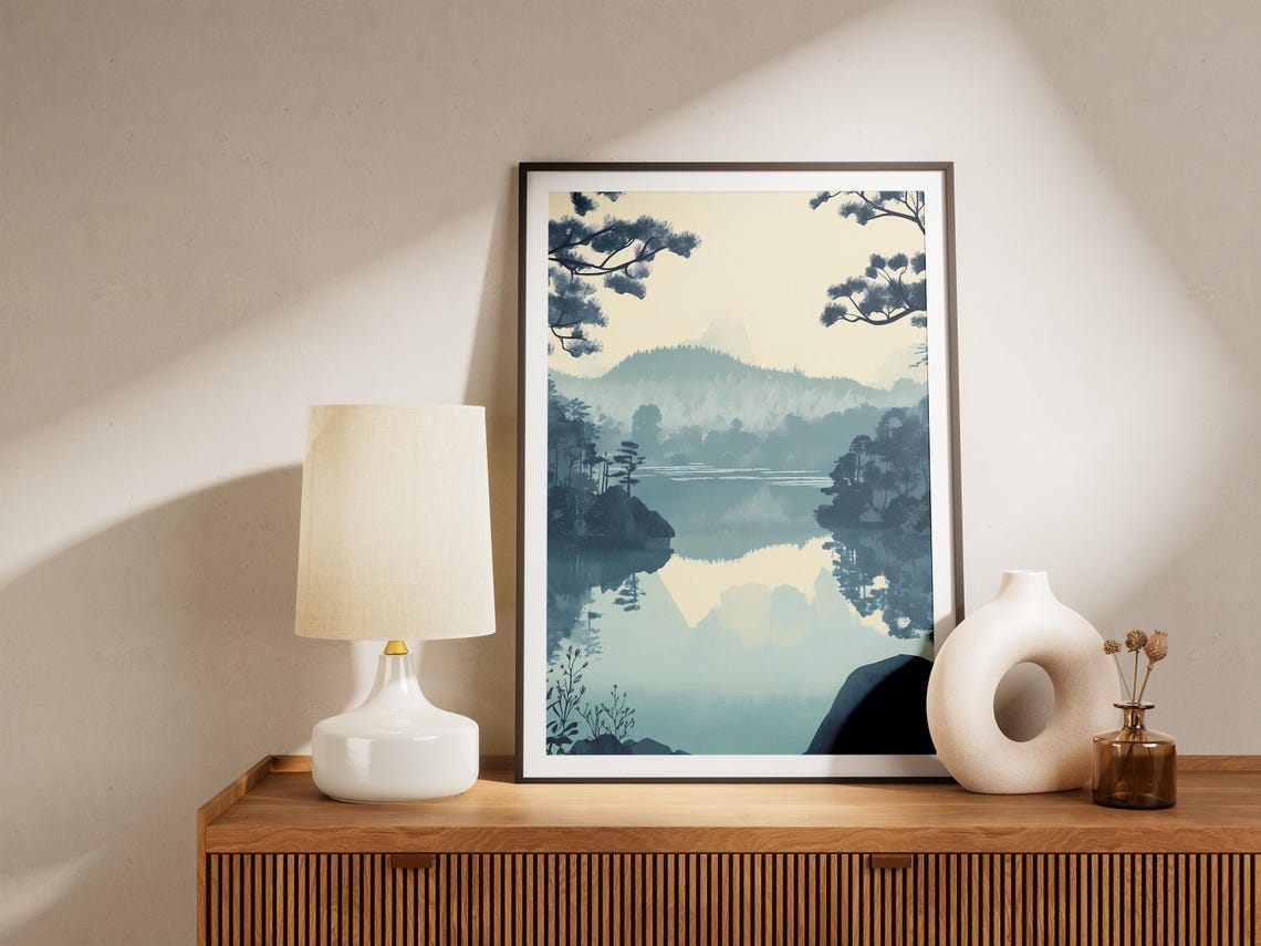 Teal Misty Lake Mirror Reflection Pine Forest Calm Scene Poster - Image 5