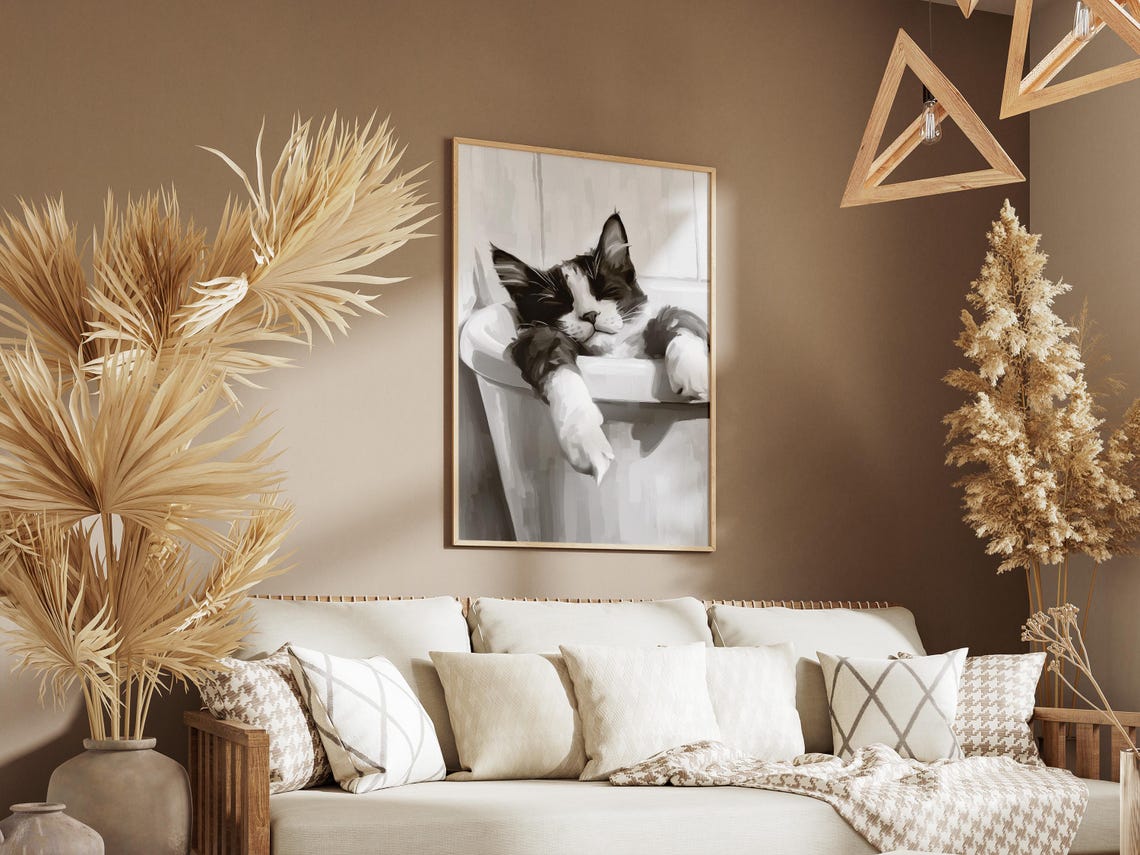 Sleeping Cat In Bathtub Black White Minimalist Cat Art Poster - Image 3