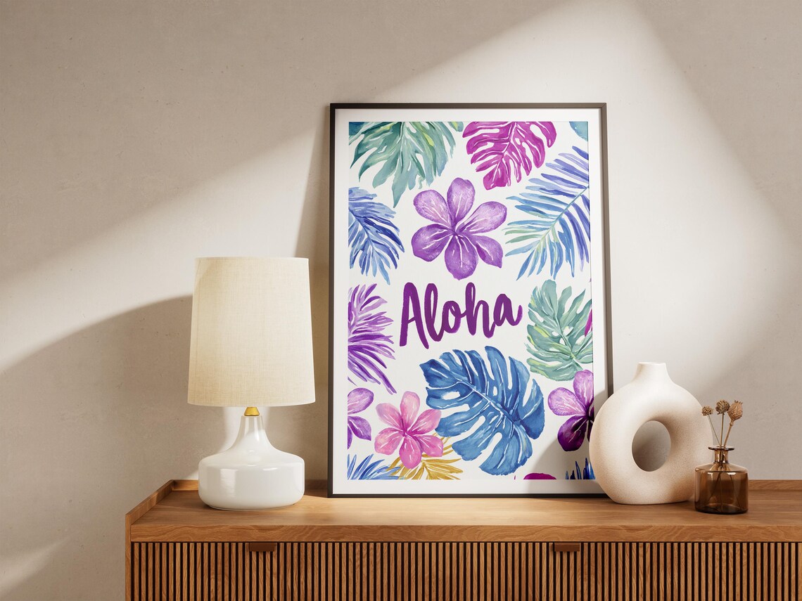 Aloha Script Watercolor Tropical Leaves Purple Floral Art Poster - Image 4