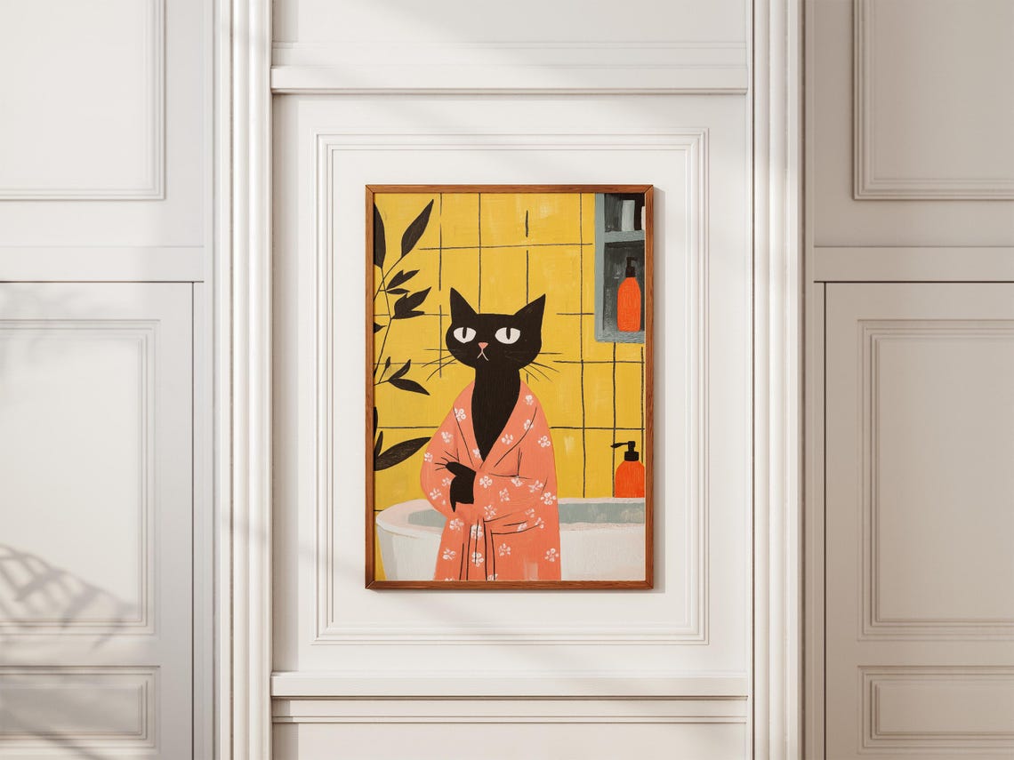 Black Cat Floral Bathrobe Mustard Yellow Tile Bathroom Art Poster - Image 2