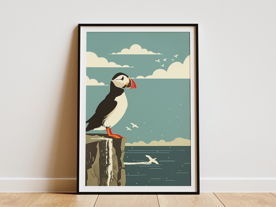 Vintage Coastal Puffin Art Print, Mid-Century Modern