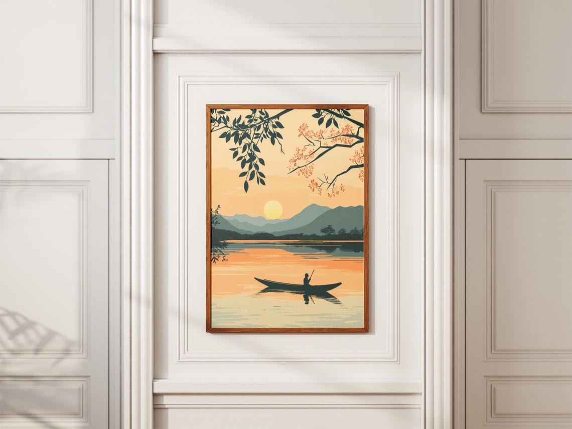 Inle Lake Myanmar Sunset Lone Fisherman Canoe Silhouette Poster - Image 2