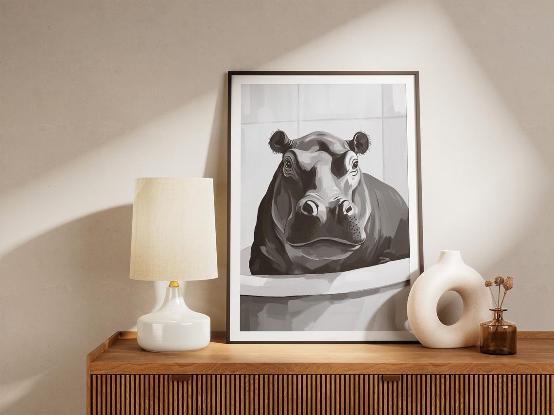 Hippo In Bathtub Poster Animal Art Print Minimalist Bathroom Decor Wall Funny Lover Gift - Image 4
