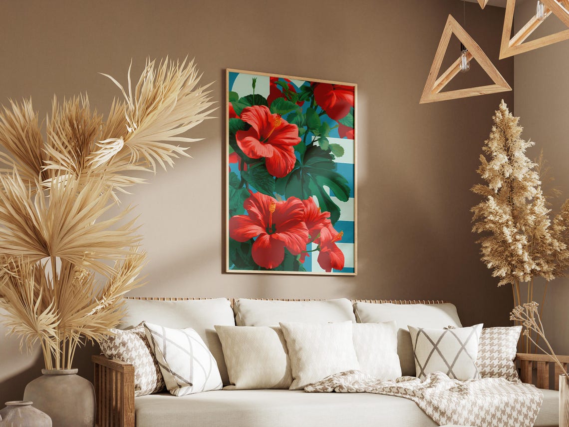 Red Hibiscus Tropical Flower Pop Art Bold Striped Botanical Poster - Image 3