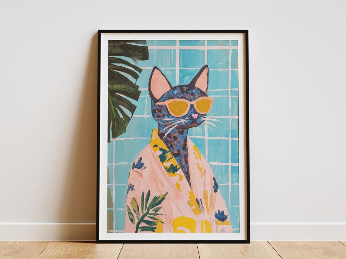 Savannah Cat in Sunglasses Pink Kimono Tropical Bath Art Poster