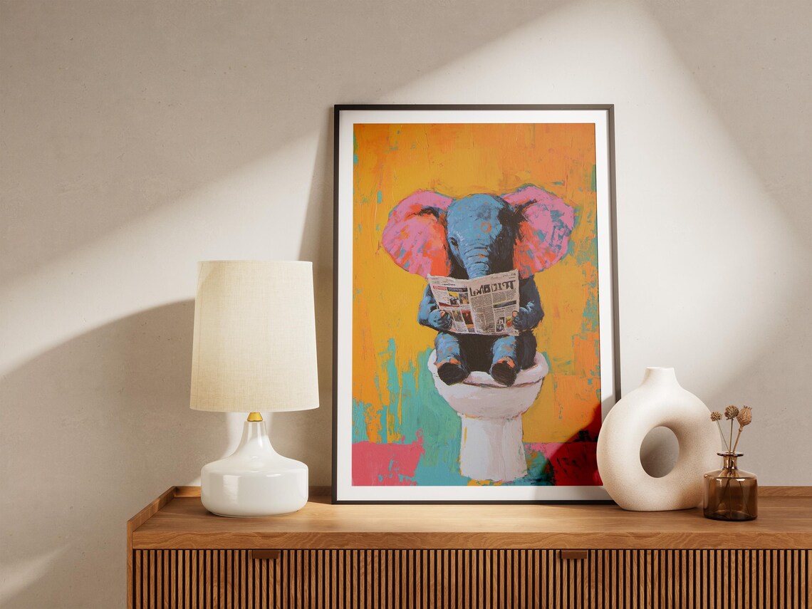 Baby Elephant on Toilet Reading Newspaper Colorful Funny Poster - Image 5