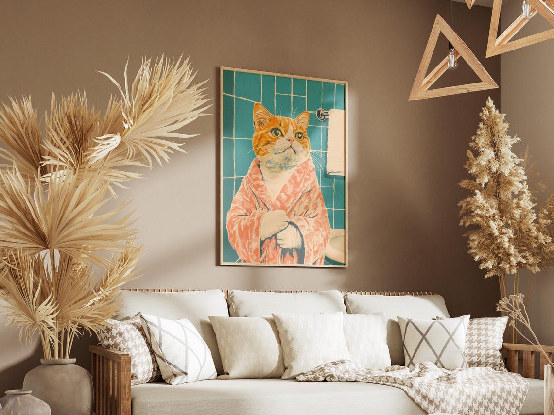 Orange Tabby Cat Bathrobe Retro Teal Bathroom Illustration Poster - Image 3