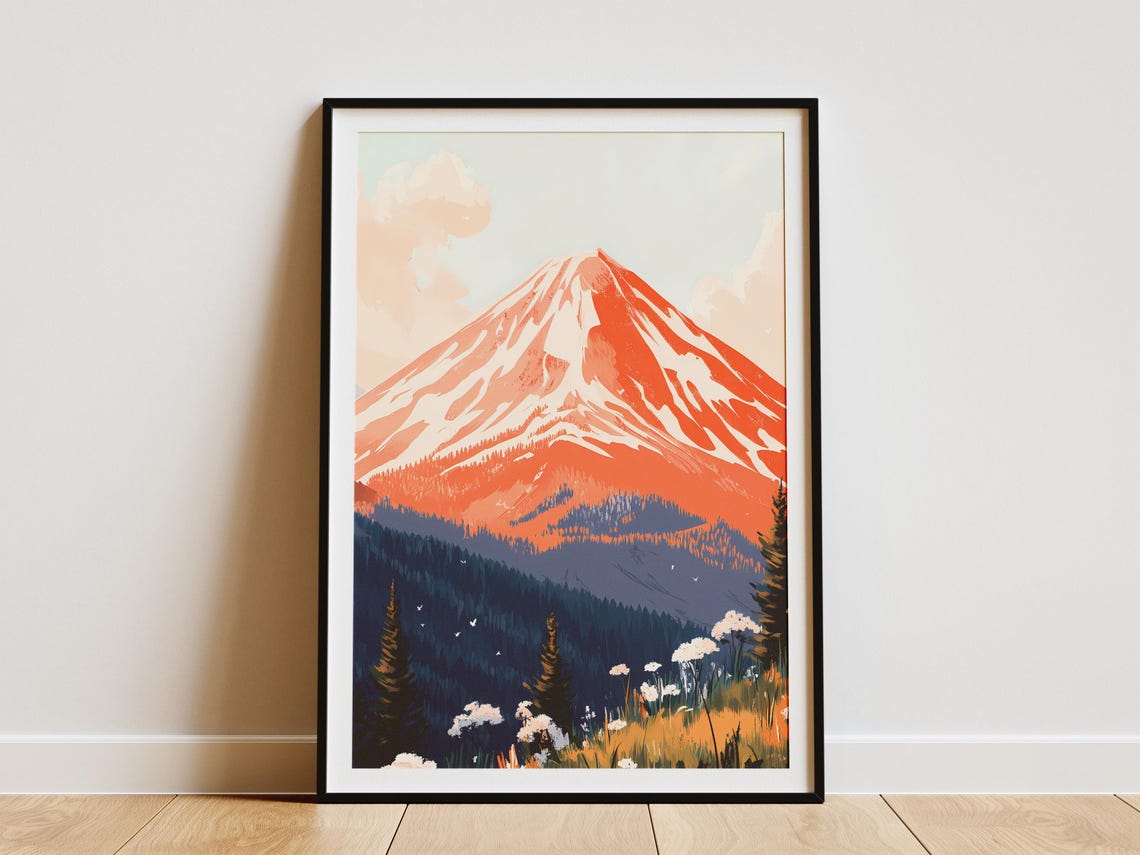 Red Sunrise Volcanic Peak Dark Forest Wildflower Scenic Poster