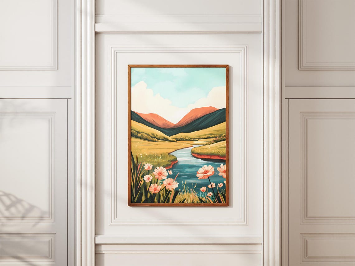 Coral Mountain Sunset Valley River With Pink Wildflowers Poster - Image 2