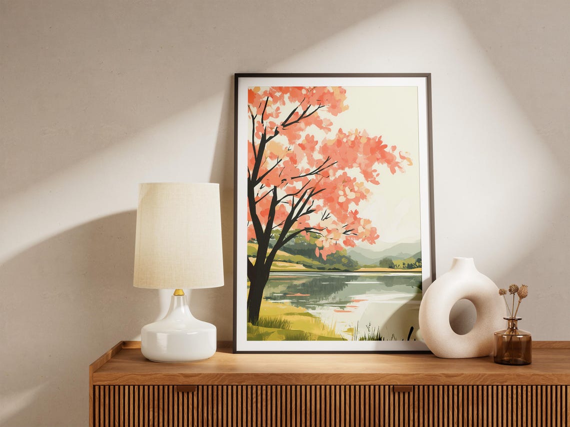 Pink Coral Blossom Tree Beside A Calm Spring Lake Landscape Poster - Image 5