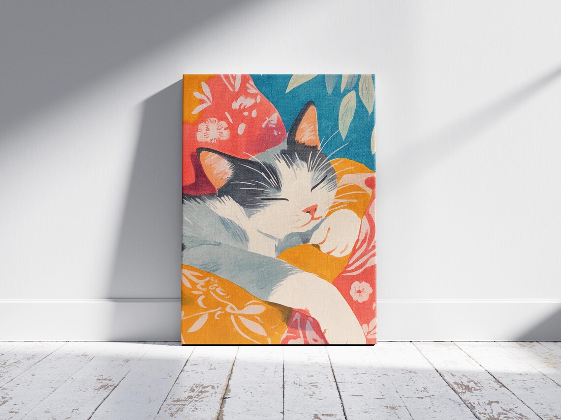 Sleeping Gray Cat on Floral Bed Matisse Style Colorful Art Poster - Image 2
