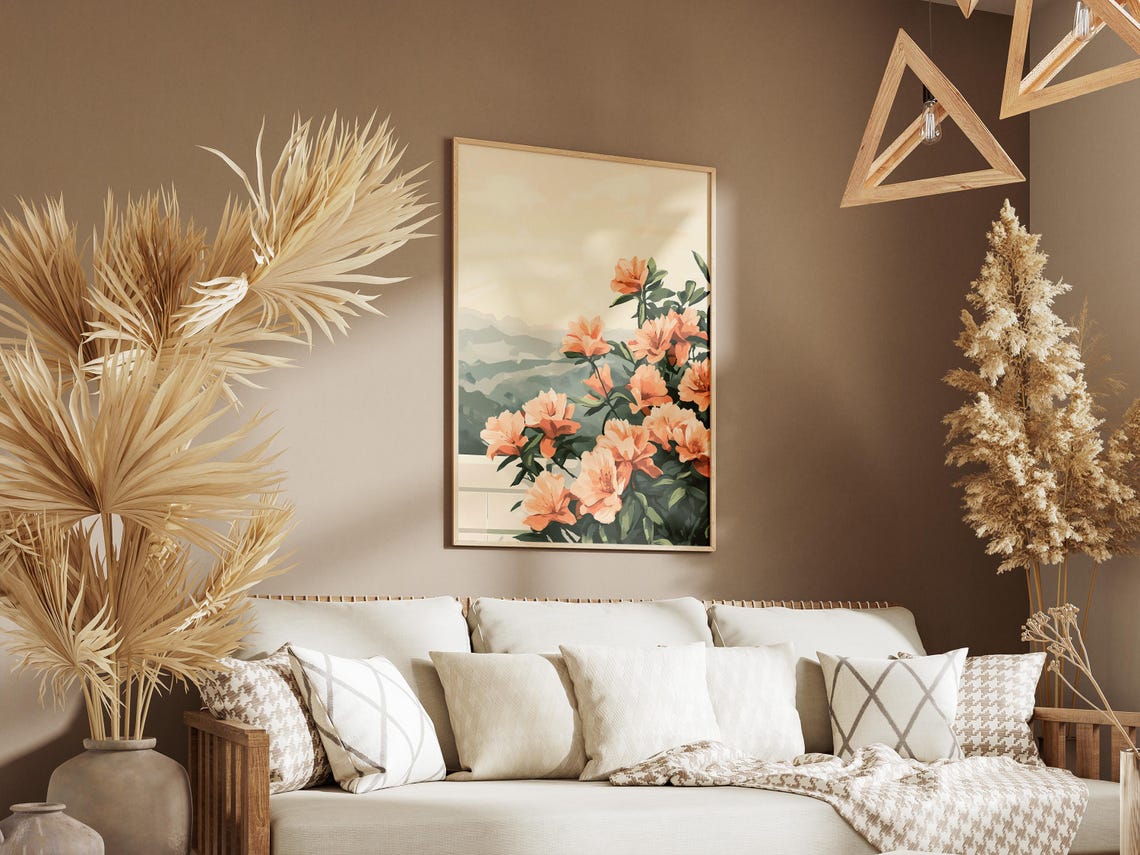 Peach Azalea Blossoms Overlooking Misty Green Hills Floral Poster - Image 3