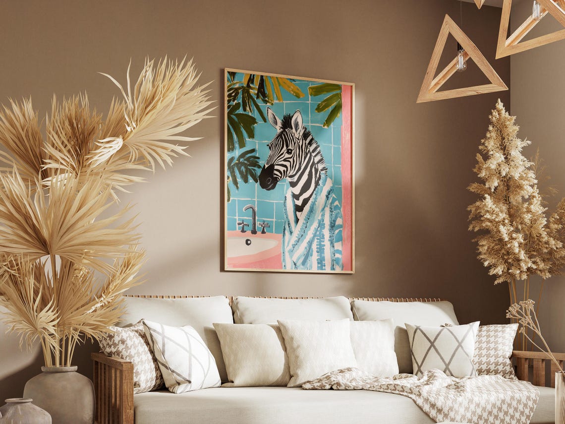 Zebra Wearing Blue Bathrobe Palm Leaf Tile Bathroom Fun Poster - Image 3