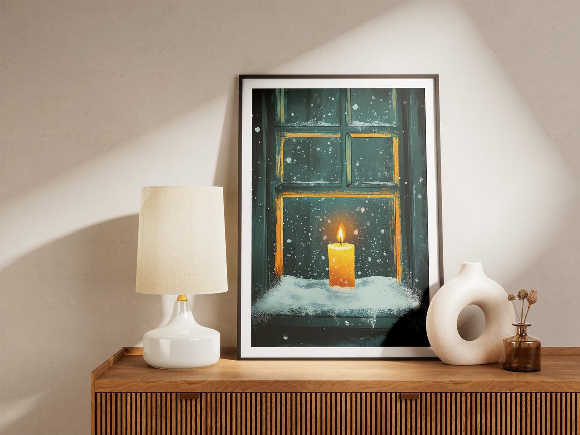 Lit Candle on a Snowy Windowsill in a Dark Teal Window Poster - Image 5