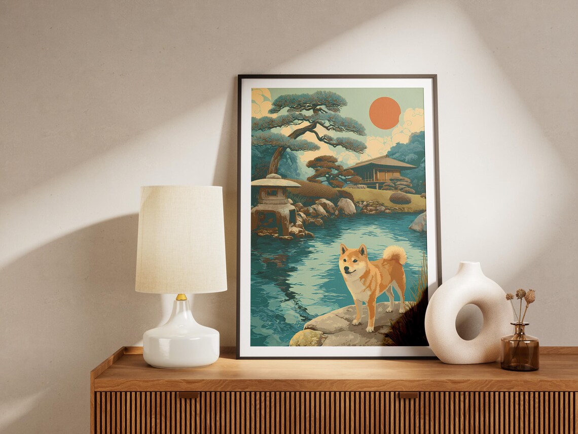 Shiba Inu Dog In Japanese Zen Garden With Pond Vintage Style Poster - Image 4