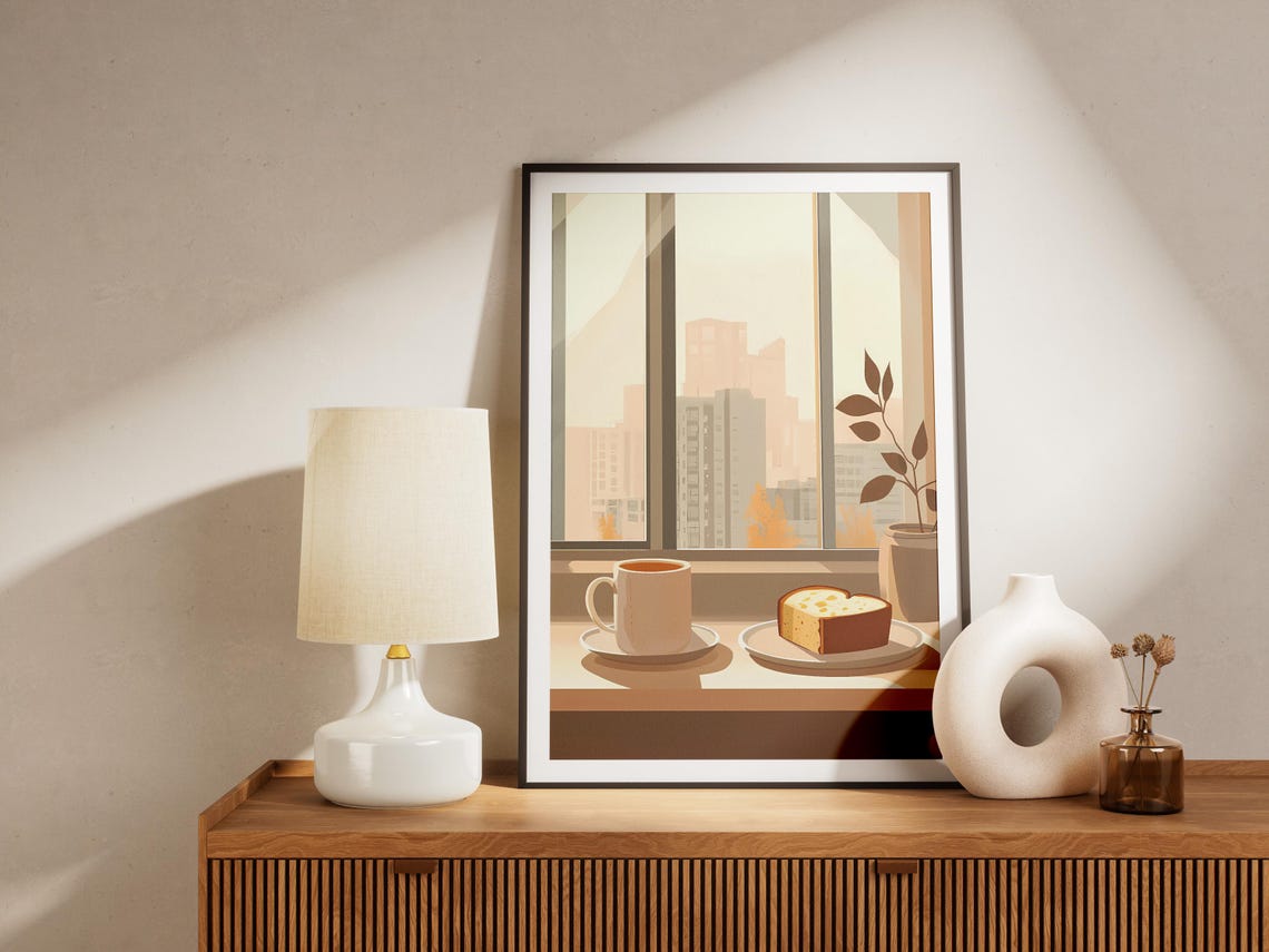 Coffee and Cake on a Windowsill Overlooking the City Skyline Poster - Image 4