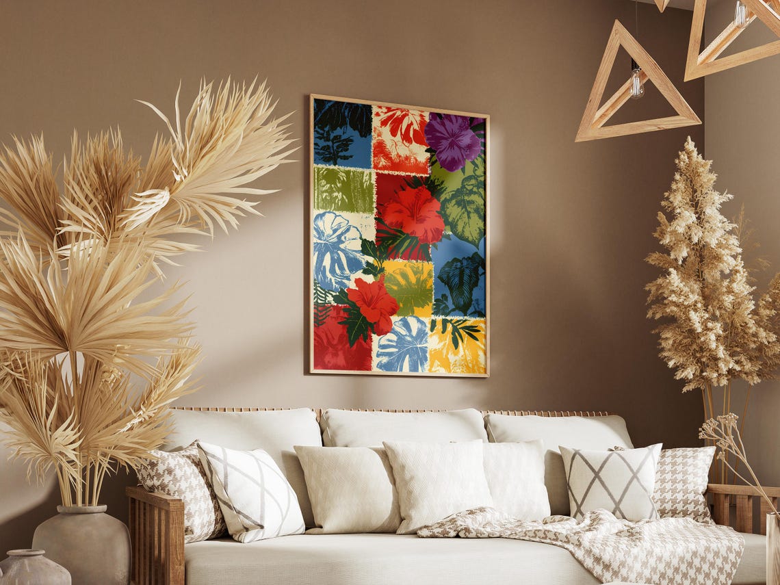 Hibiscus Flower Patchwork Tropical Collage Retro Colorful Art Poster - Image 3