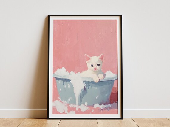Tiny White Kitten in Foamy Gray Tub Soft Blush Pink Art Poster