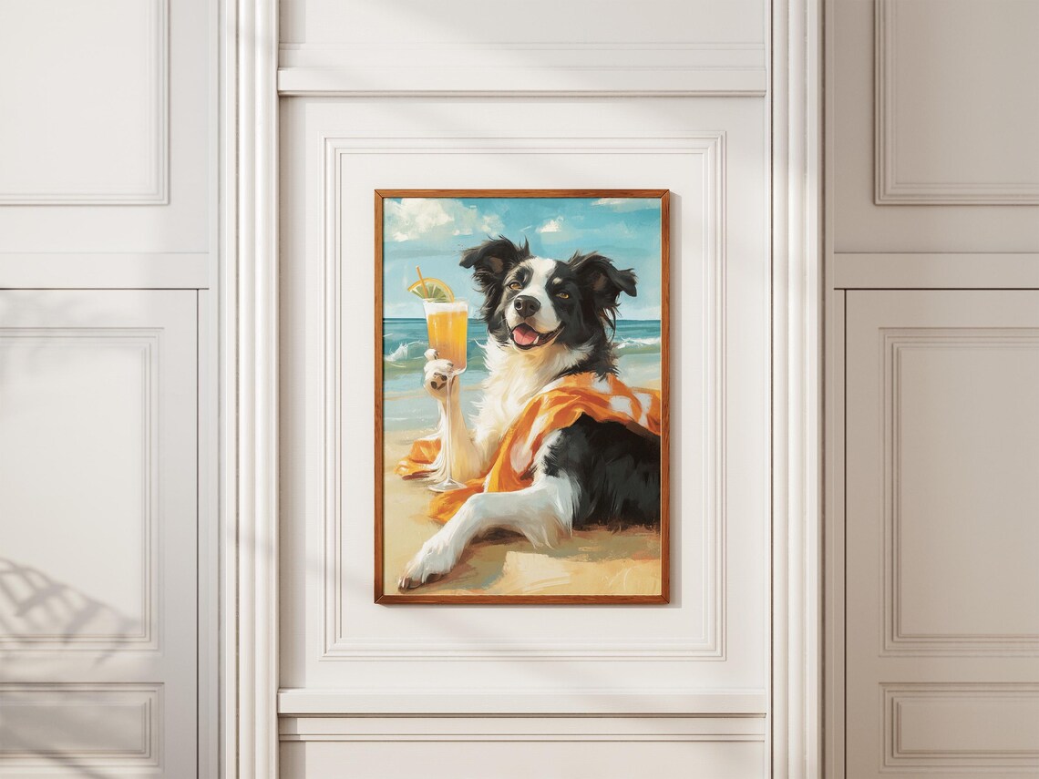Beach Dog Poster Border Collie Cocktail Print Summer Dog Art Funny Dog Canine Art Pet Lover Gift Modern Dog Print Coastal Animal Decor - Image 2