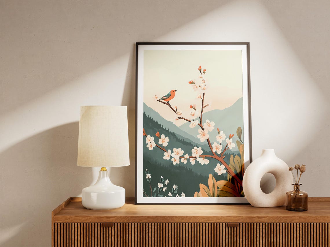 White Blossom Branch With Orange Bird Mountain Spring Poster - Image 5