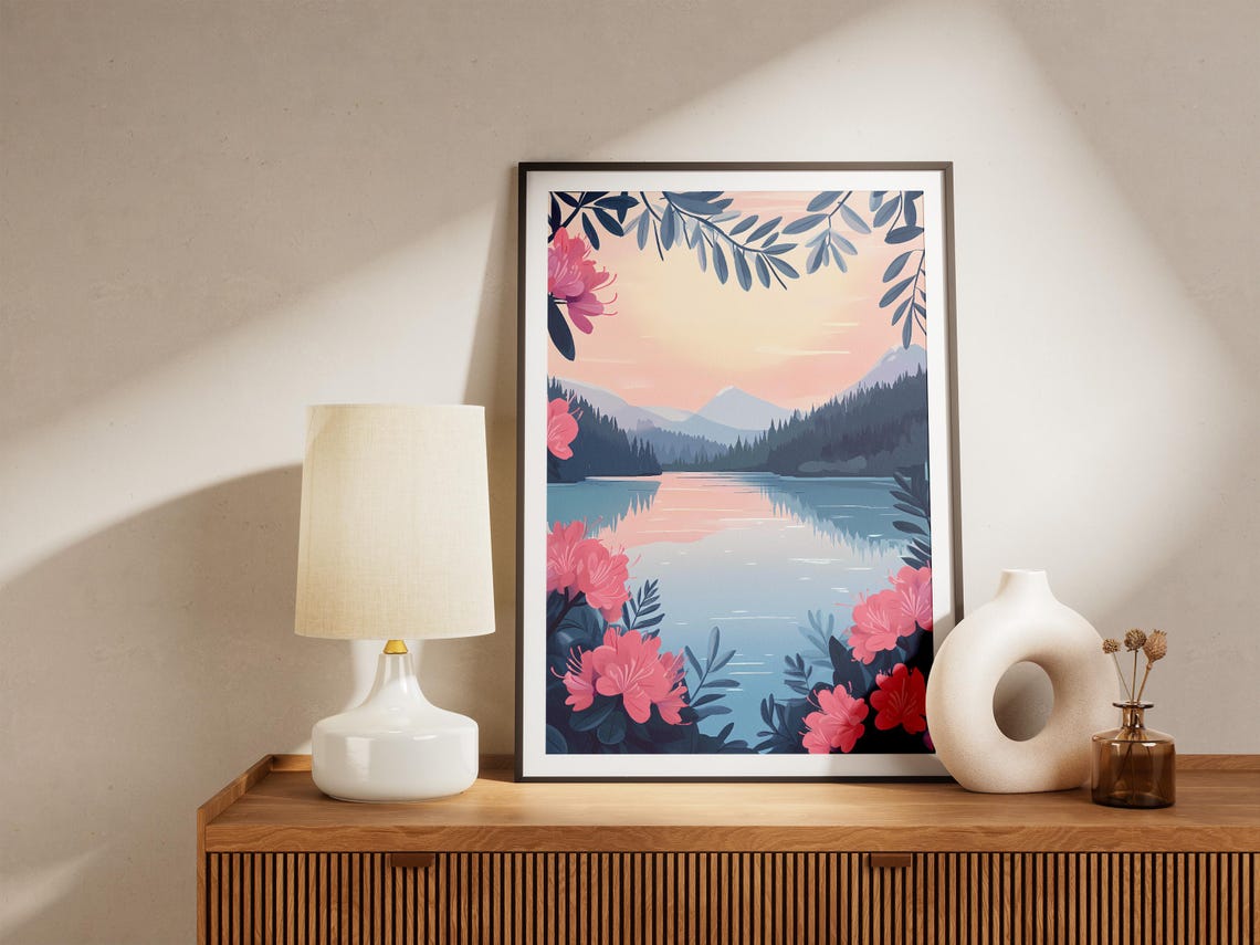 Pink Sunset Lake Rhododendron Blossom Border Romantic Poster - Image 5