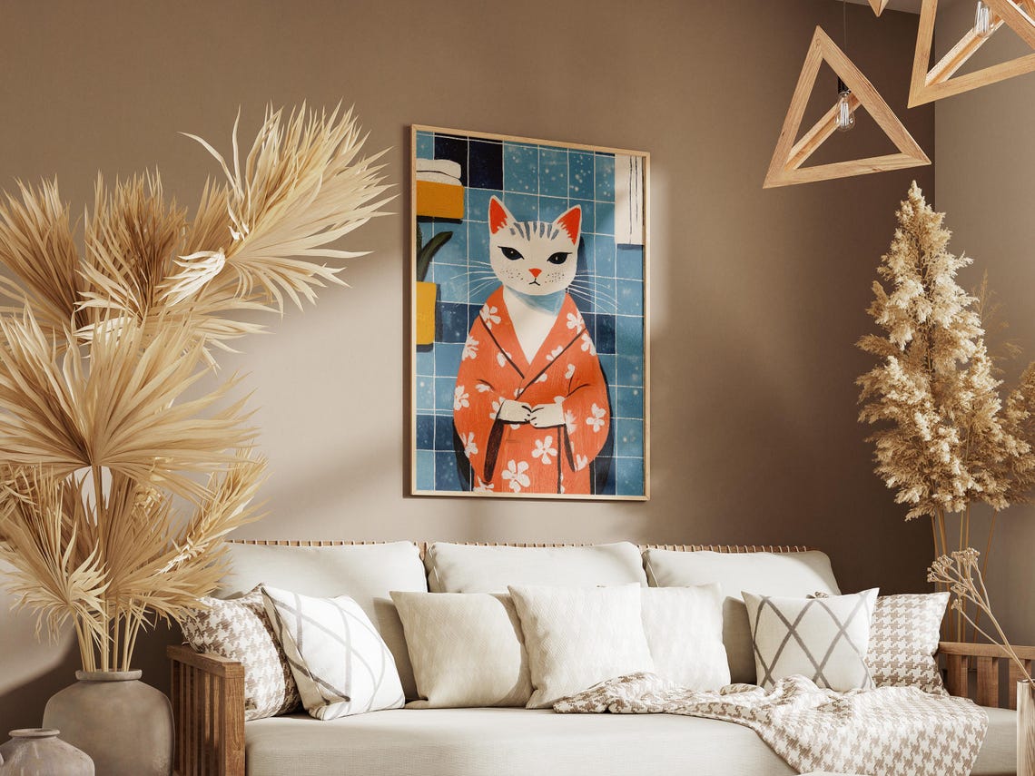 Cat in Bathrobe Funny Bathroom Art Quirky Feline Illustration Poster - Image 3