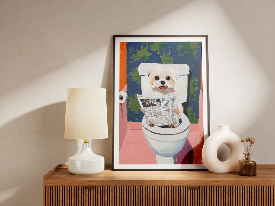 Maltese Dog on Toilet Reading Newspaper Funny Bathroom Dog Poster - Image 4