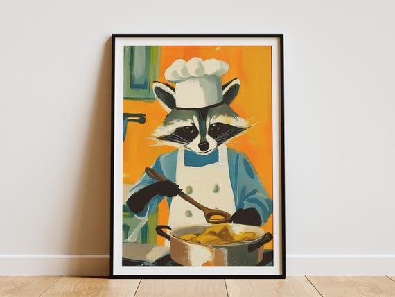 Raccoon Chef Cooking Print Funny Kitchen Art Animal Poster Whimsical Home Decor