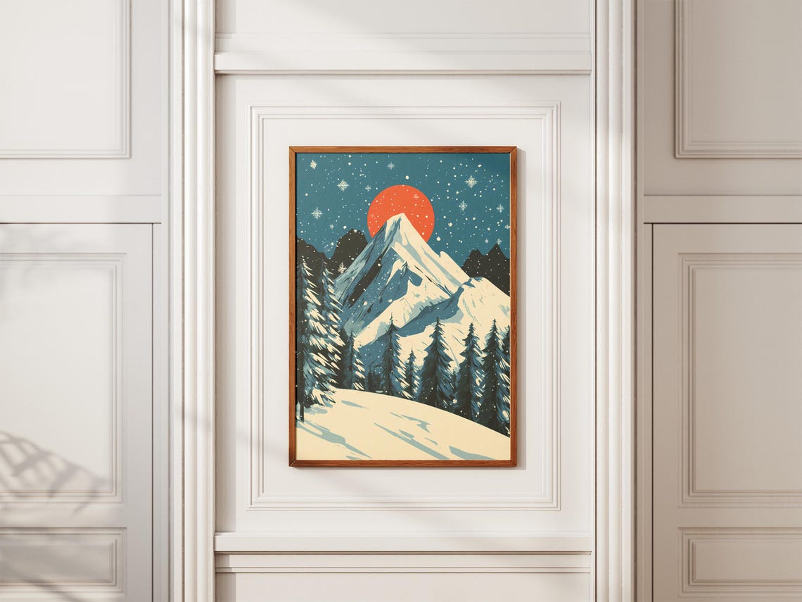 Giant Red Sun Over Snowy Mountain Peak Starry Teal Night Poster - Image 2