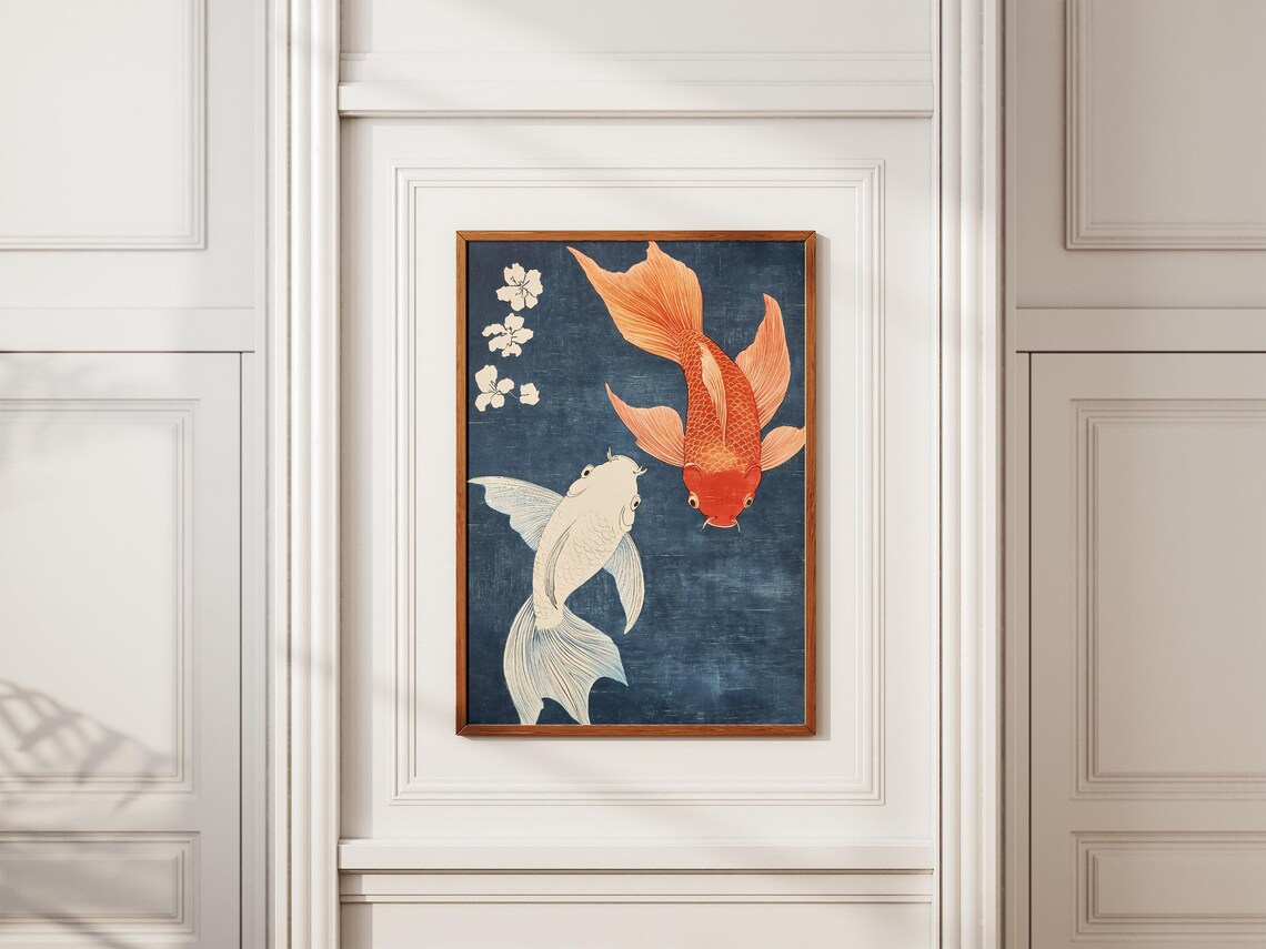 Red And White Koi Fish Indigo Blue Japanese Woodblock Poster - Image 2