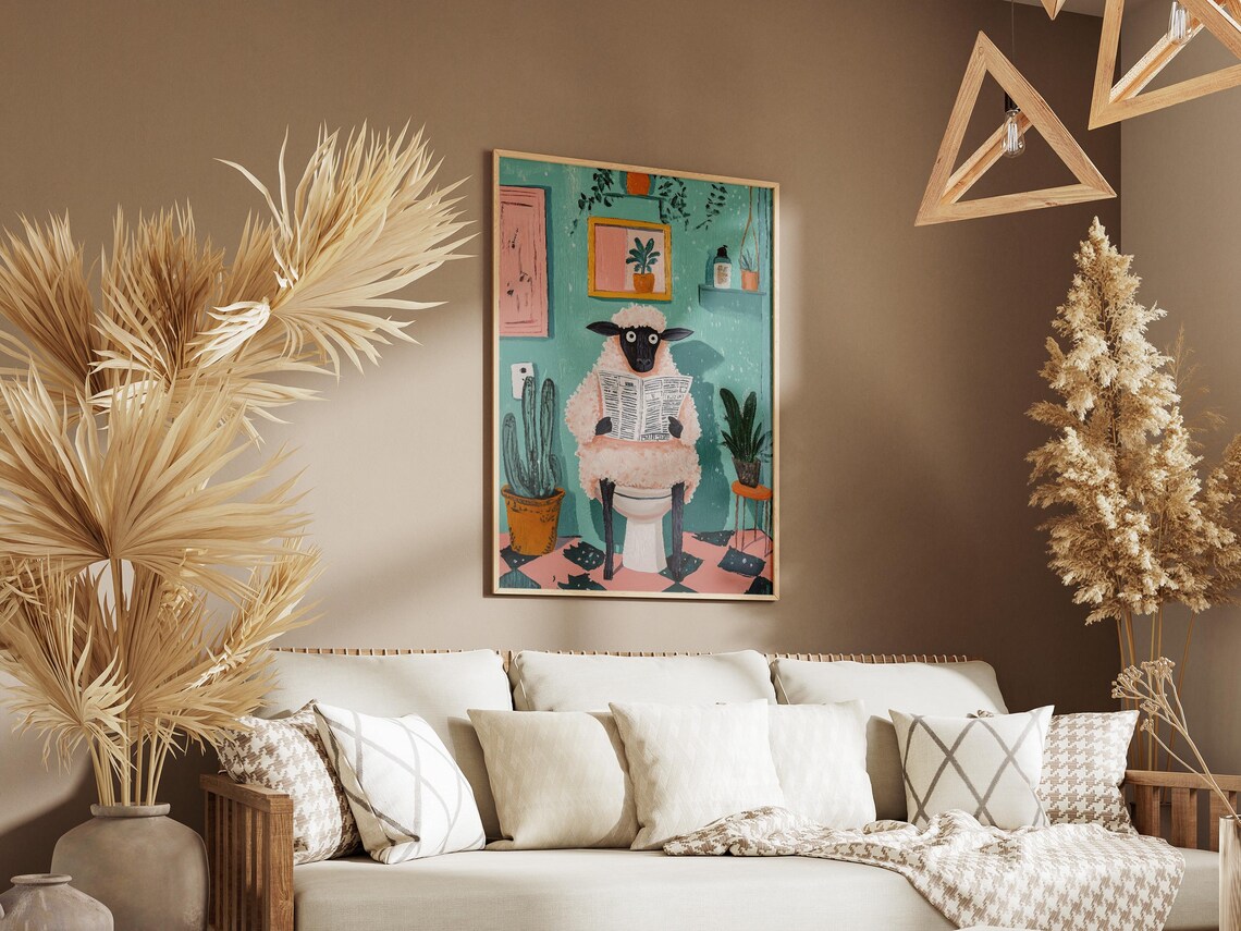 Sheep Reading Newspaper on Toilet Teal Tile Bathroom Fun Poster - Image 3