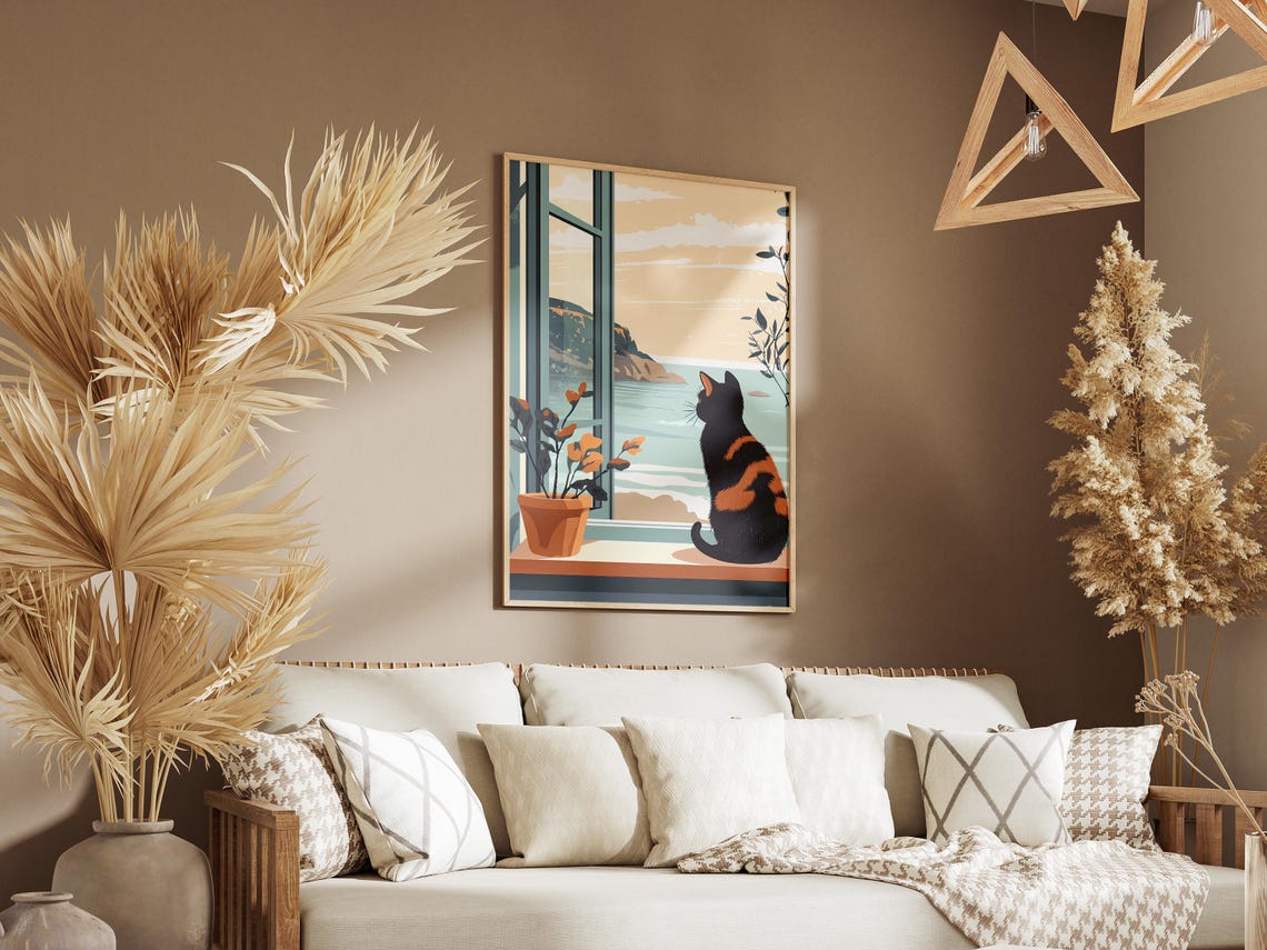 Tortoiseshell Cat Gazing Out Coastal Window Illustration Poster - Image 3