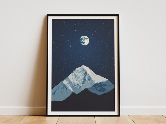 Mount Everest Nepal Moonlit Night Sky Minimalist Mountain Poster
