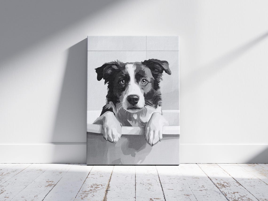 Australian Shepherd Puppy in Bathtub Black and White Cute Decor Poster - Image 2