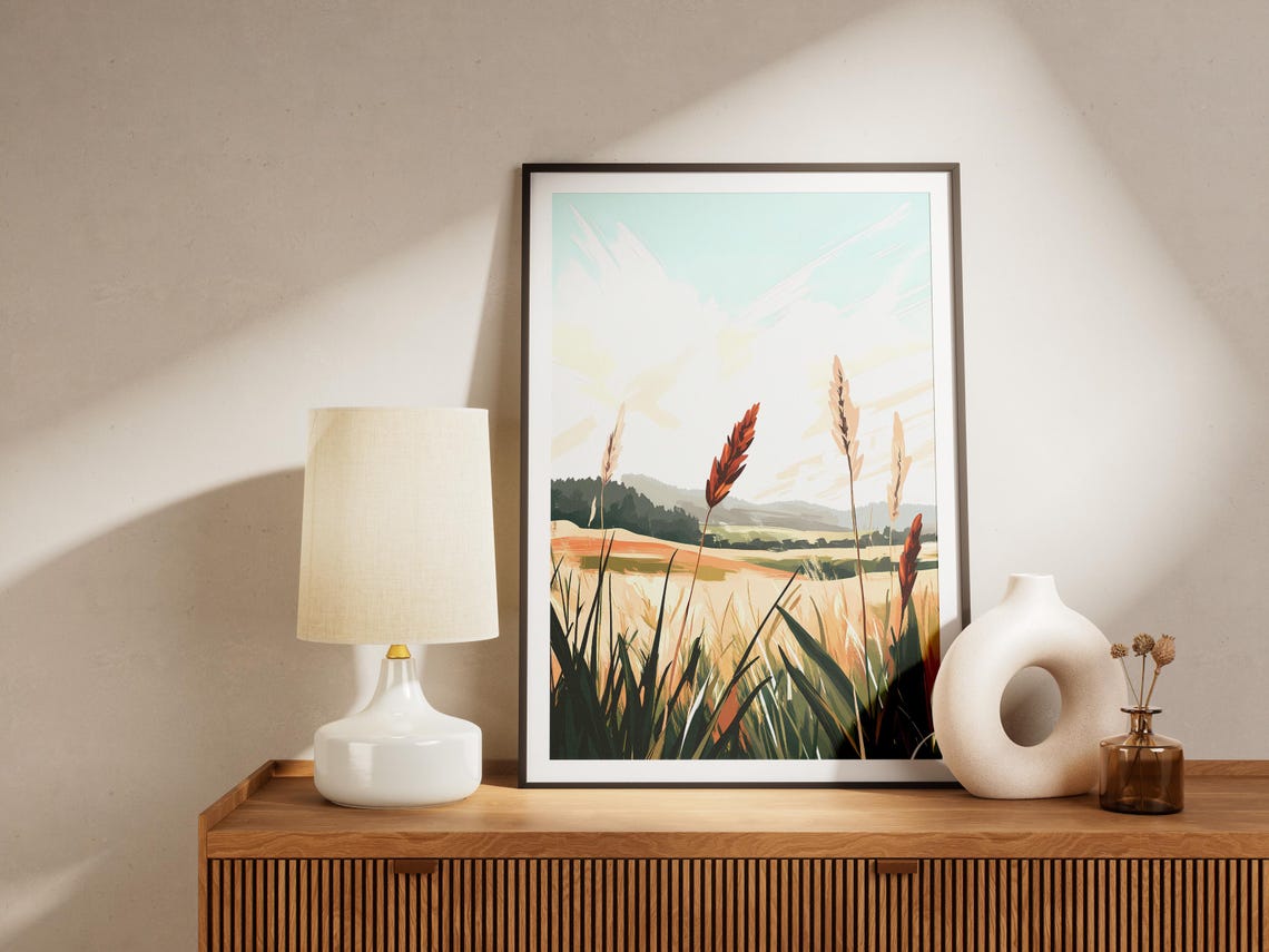 Calm Warm Golden Field Tall Grass Sunset Hills Landscape Poster - Image 4