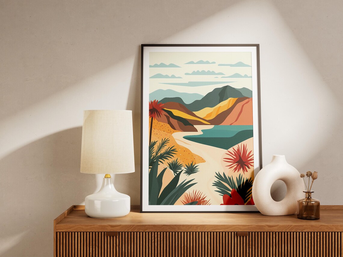 Colorful Hills Red Flowers Teal Bay Tropical Abstract Poster - Image 5