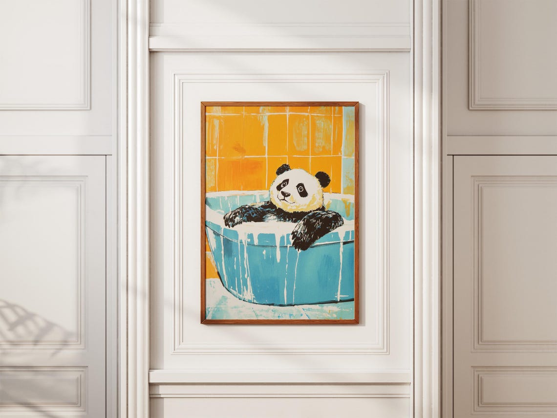 Happy Panda Soaking In Blue Bubble Bath Orange Bathroom Poster - Image 2