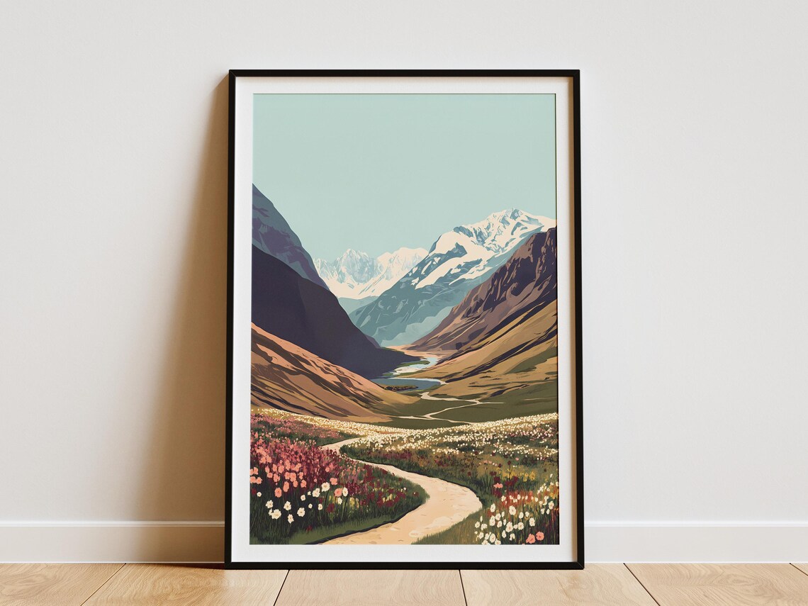 Valley Of Flowers National Park India Poster Floral Mountain Landscape Art Print Nature Illustration Botanical Wall Decor Hiking Travel