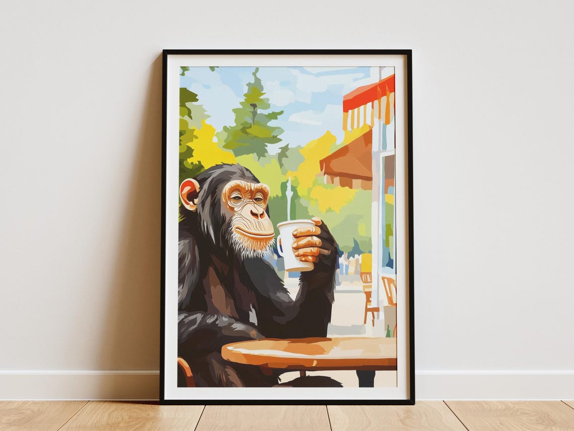 Chimpanzee Holding a Coffee Mug at Sunny Cafe Terrace Poster