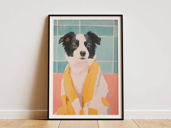 Border Collie Puppy Dog Bathrobe Poster Cute Wall Art Print Lover Gift Bathroom Decor Pet Portrait