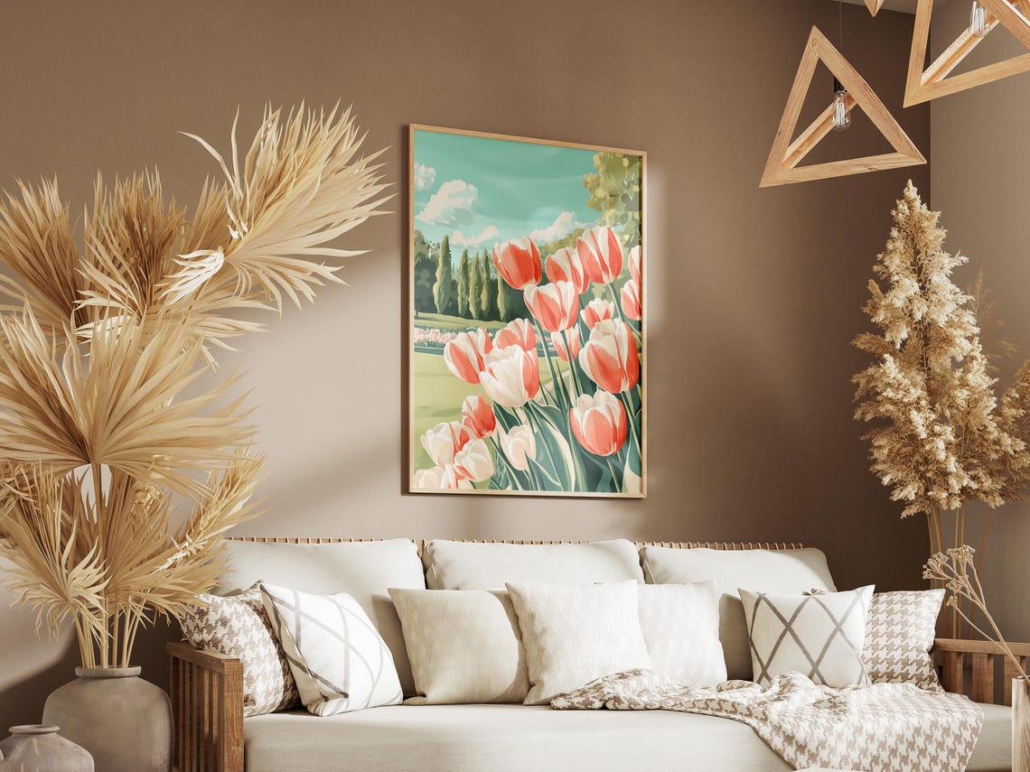 Peach And White Tulip Garden Cypress Trees Blue Sky Spring Poster - Image 3