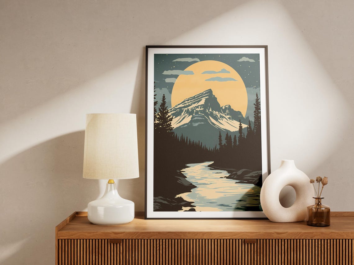 Banff National Park Giant Moon Over Mountain And River Night Poster - Image 4