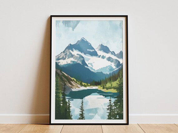 Snowy Mountain Lake Reflection Alpine Watercolor Landscape Poster