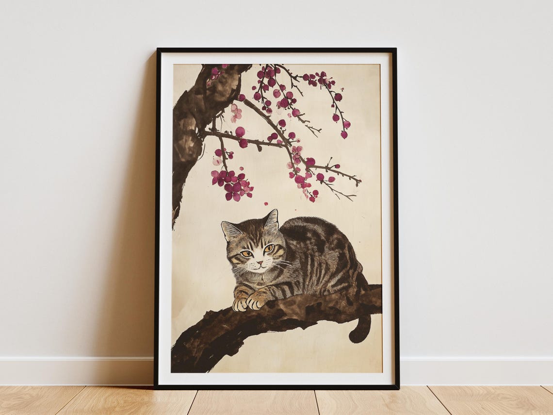 Tabby Cat Resting on Plum Blossom Branch Ink Wash Style Art Poster