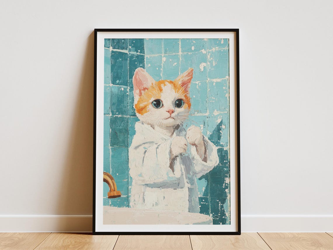 Orange White Kitten in Fluffy White Robe Spa Day Cat Art Poster