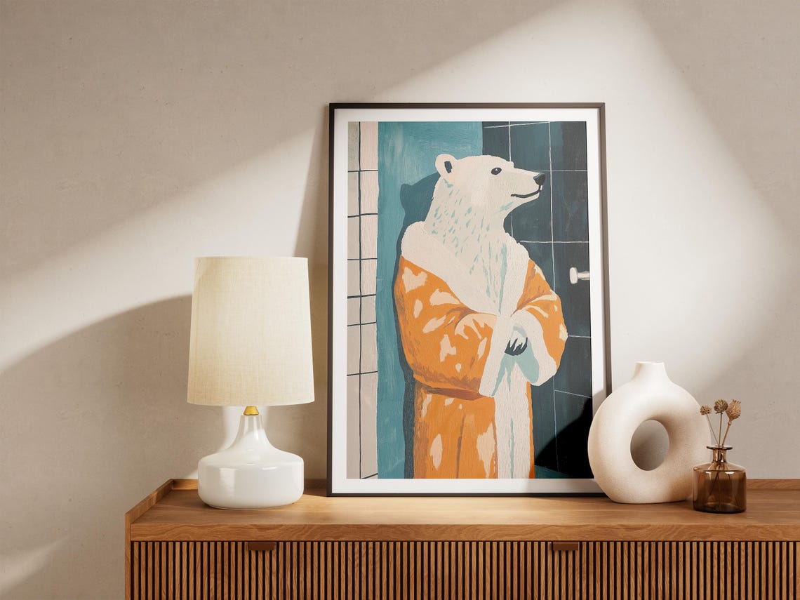 Smiling Polar Bear In Orange Bathrobe Retro Bathroom Art Poster - Image 5