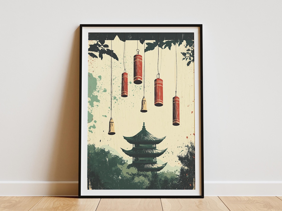 Red Wind Chimes Hanging Above Temple Pagoda Garden Art Poster
